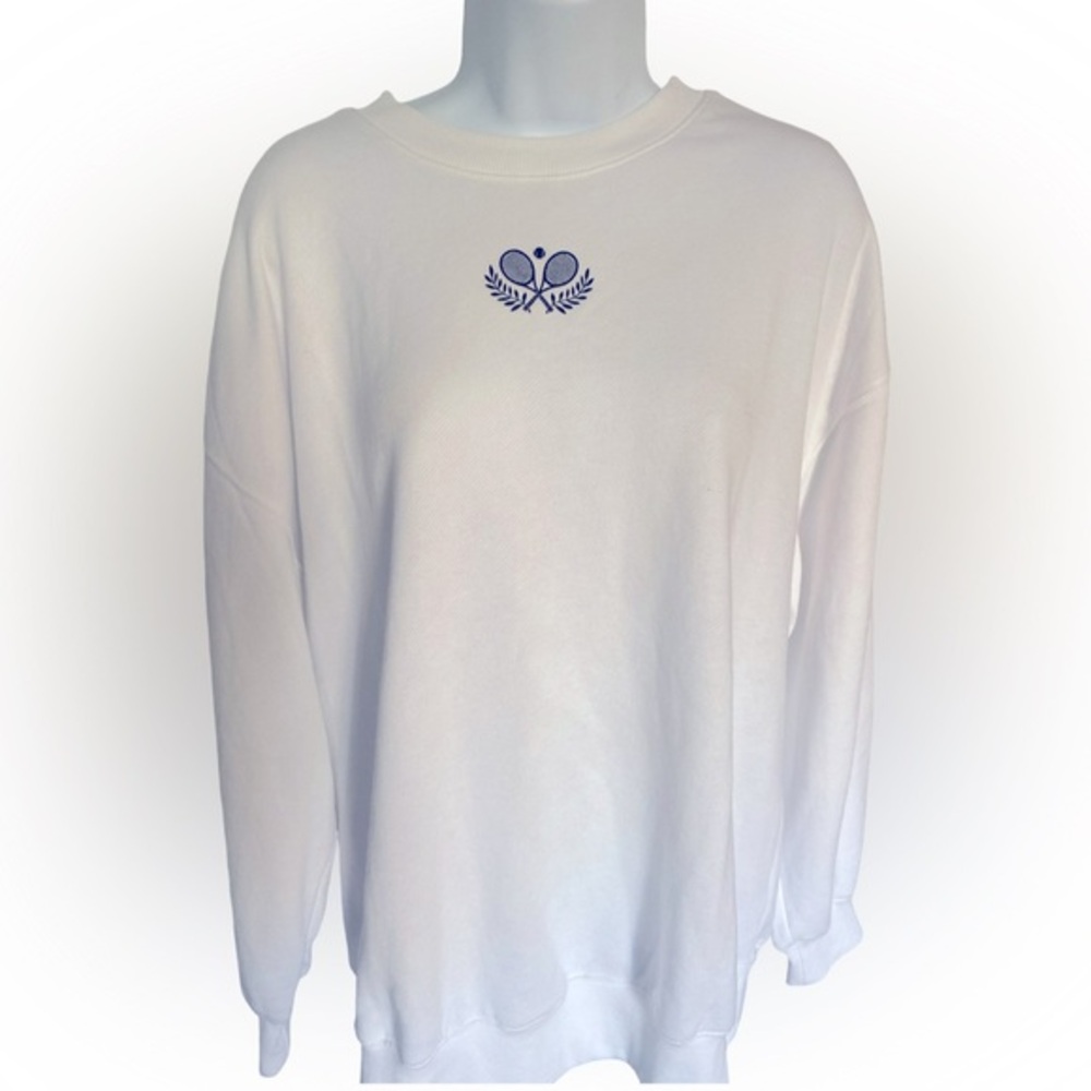 Old Navy White Sweatshirt with Blue Tennis Logo-S white cotton blend , NWT